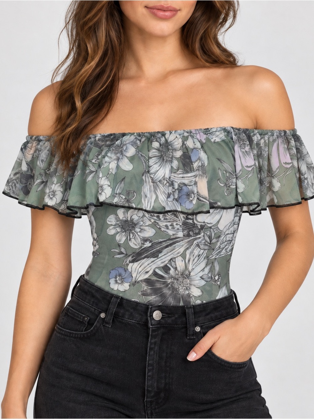 BEBE NWT romantic Mesh Floral Off The Shoulder Ruffle Bodysuit Green